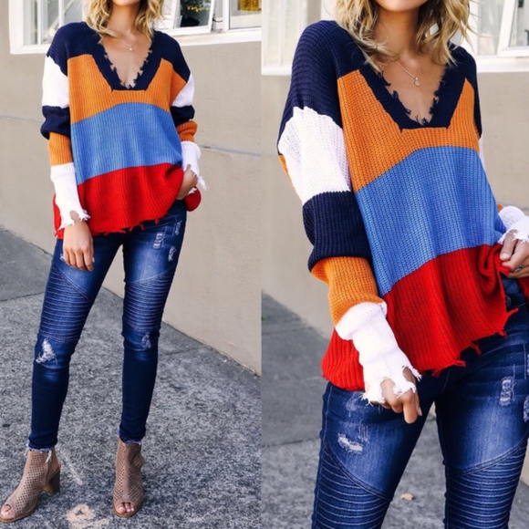 Bellanblue Sweaters - NIKKI Distressed Knit Sweater - MULTICOLOR